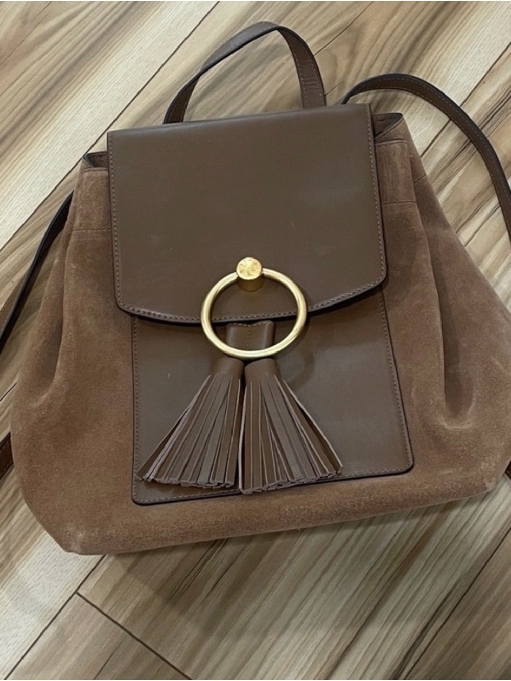 Tory Burch Brown Leather & Suede Tassel Backpack
